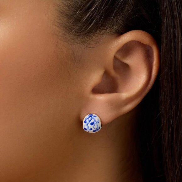 NEW 14K Yellow Gold White Blue Enamel Statement Earrings - Picture 4 of 5